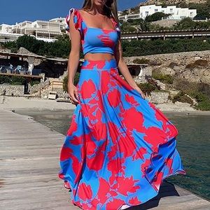 Womens Summer 2 Pieces Outfit: Ruffle Floral Tank Top & Tropical Long Skirt Set